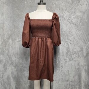 Bar III Dress Womens Size S Brown Square Neck Smocked‎ Puff Sleeve Mini Dress